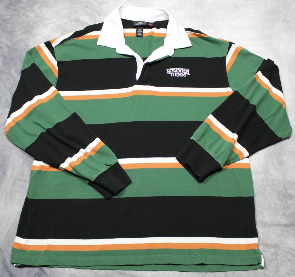 Stranger Things H&M Rugby Shirt Mens XL Green Black Striped Long Sleeve